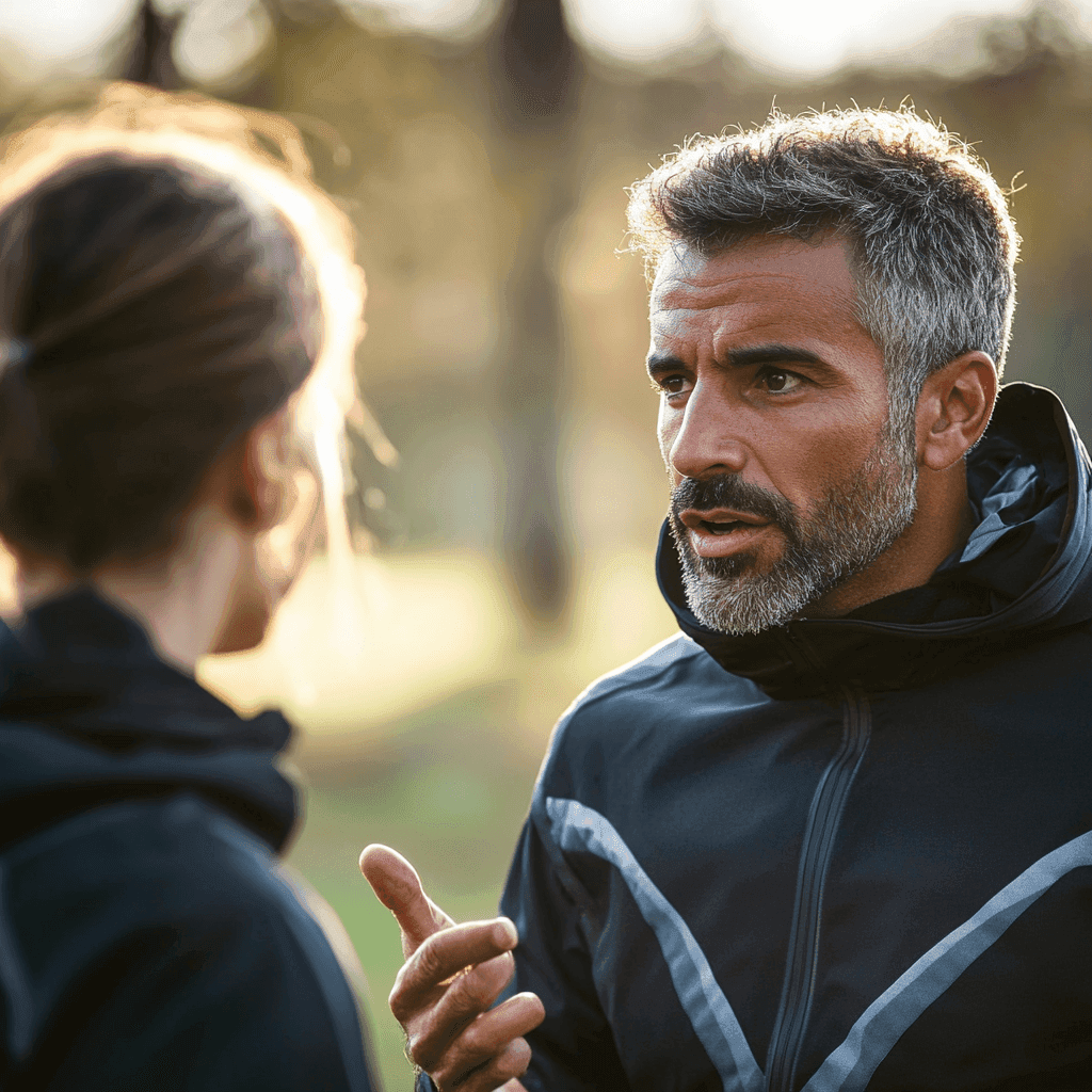 Two figures in conversation under warm light
